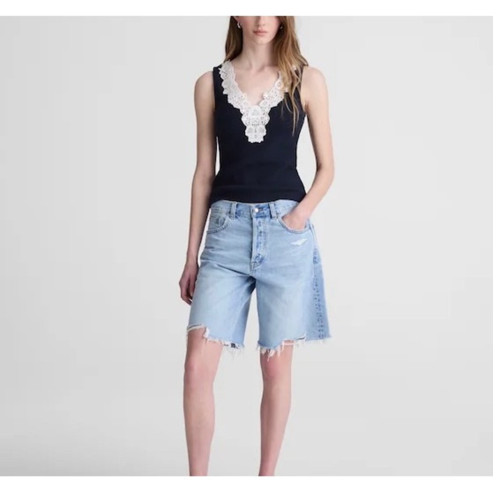 Madewell Lace-Trim V-Neck Tank Top Classic Navy XXS NZ389 Cotton Modal Preppy